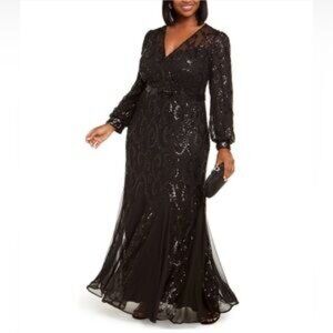 R & M Richards Black Long Sleeve Sequin Dress